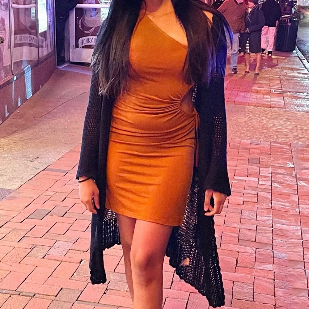Cider- burnt orange one shoulder mini dress, Small